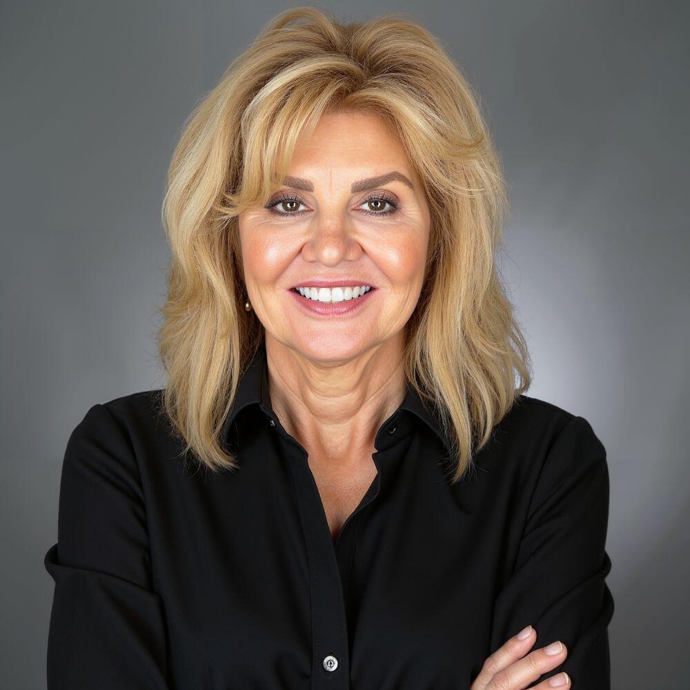 Woman with blonde hair wearing a black shirt against a gray background