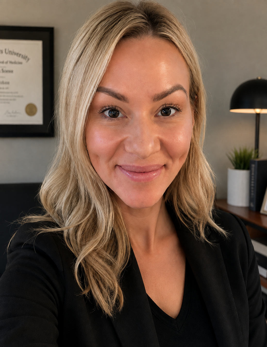 A smiling blonde woman with wavy hair, wearing a black top, photographed in a professional office setting with a framed certificate and a lamp in the background.