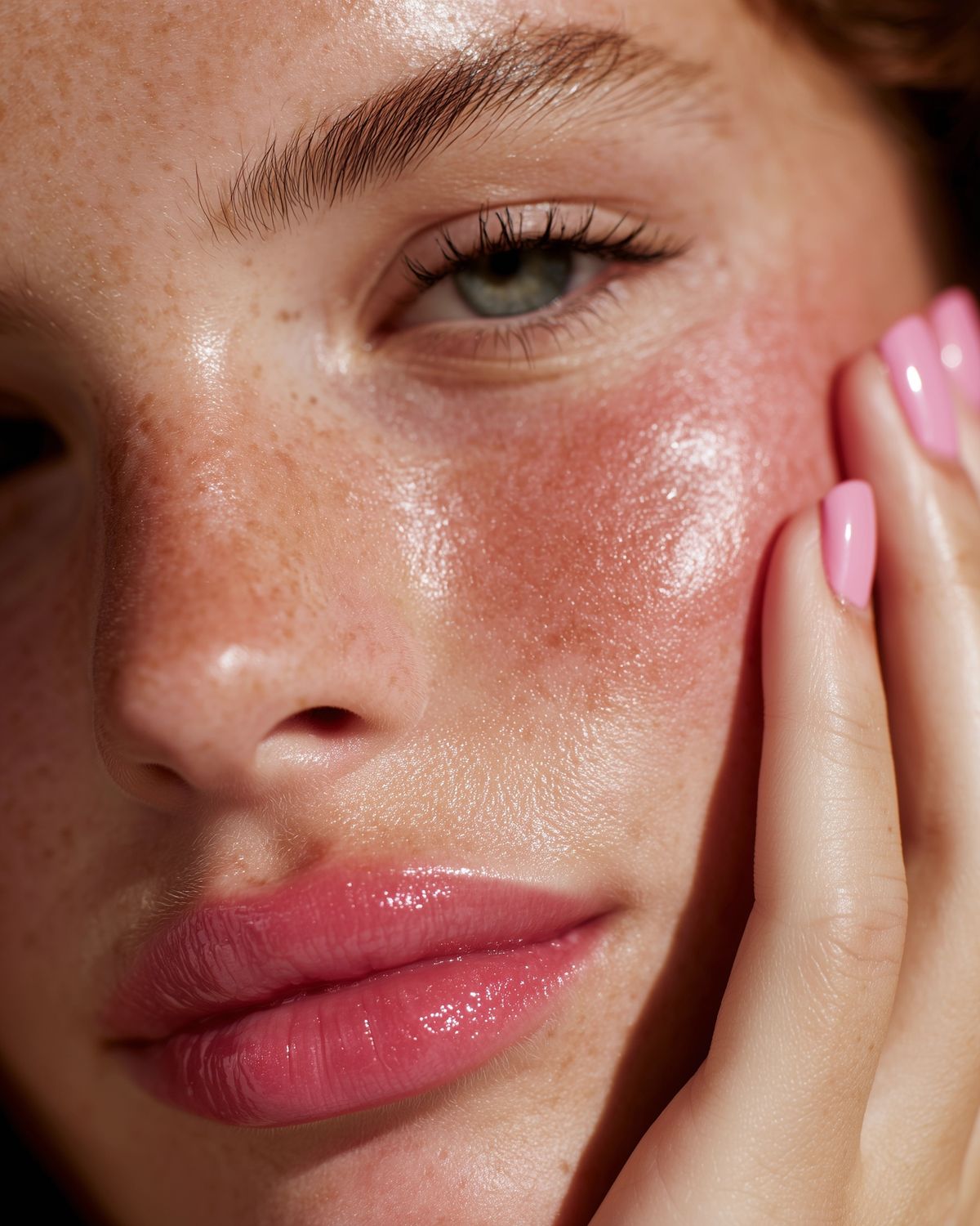 Close-up of a woman's face with freckles and pink lipstick, hand touching cheek.