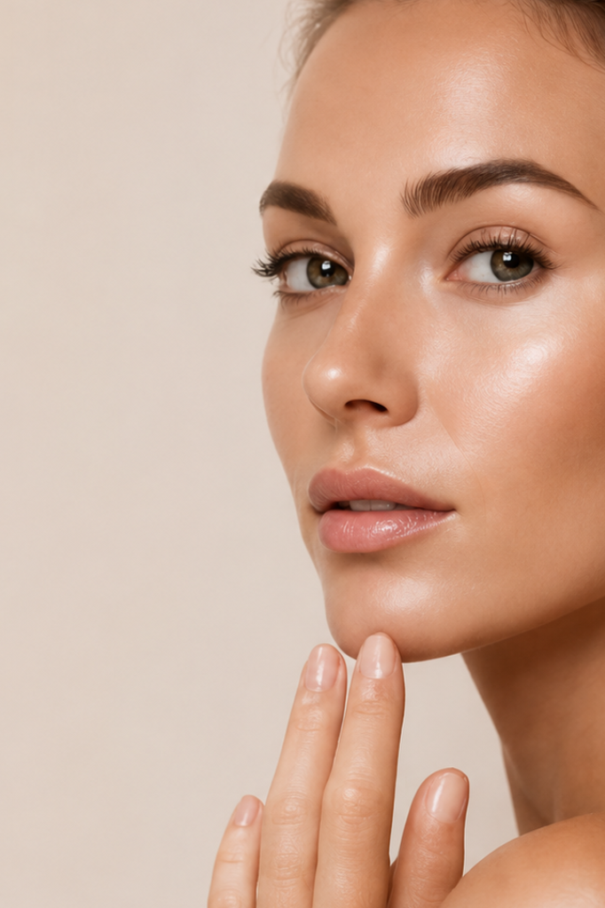 Close-up of a woman's face and hand against a soft beige background, showcasing a radiant, well-lit complexion with natural makeup.