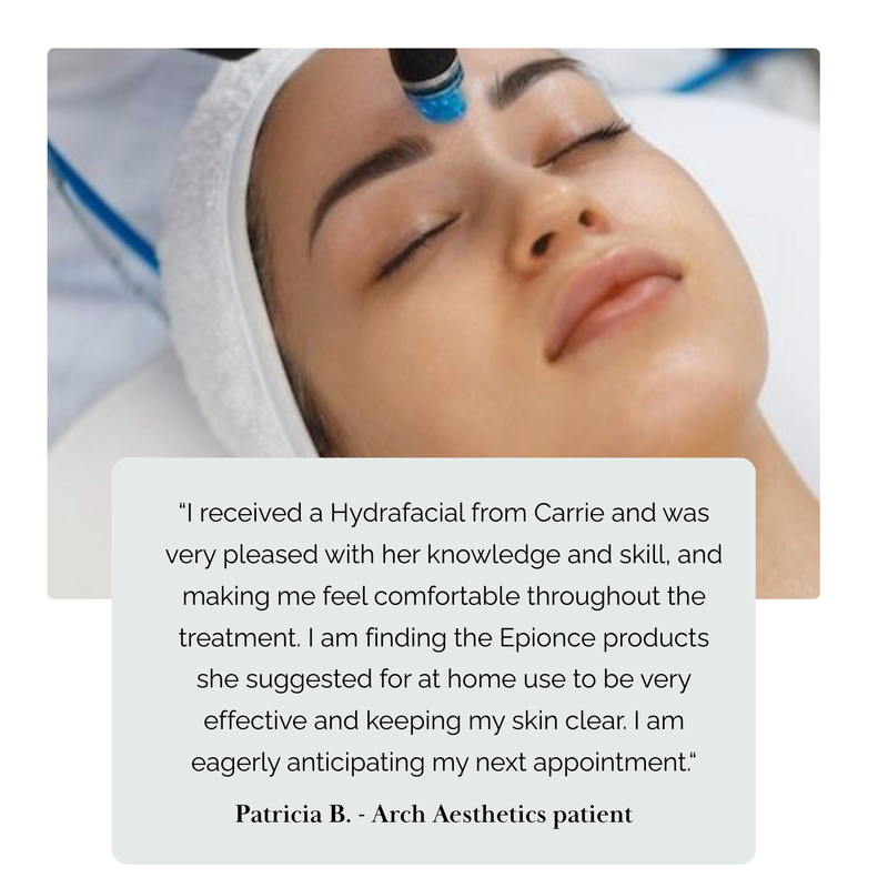 Person receiving a Hydrafacial treatment with a testimonial overlay.