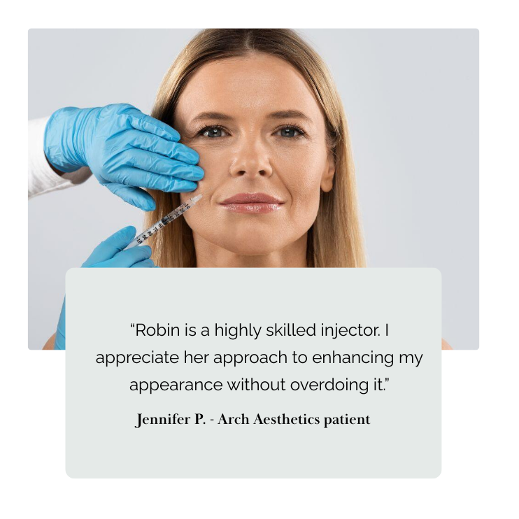 Woman receiving a facial injection with a gloved hand, text overlay about a skilled injector.