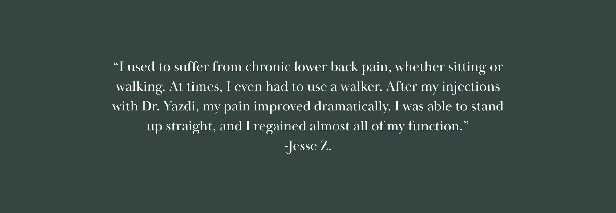 Text on a dark background about chronic lower back pain relief with Dr. Yazdi's injections.